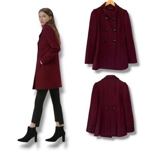 M. JULIAN Women's Wined Red Wool Blend Double Breasted Pea Coat